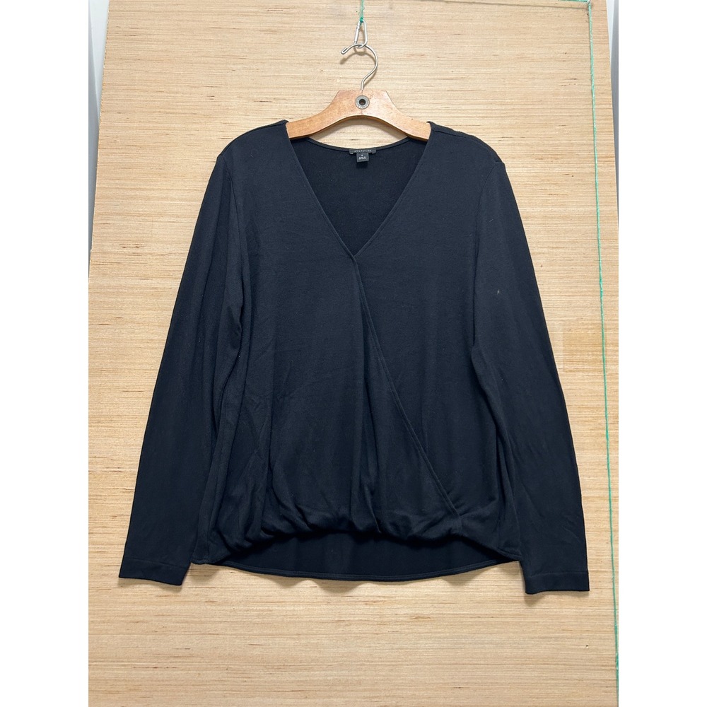 Ann Taylor Womens Black Faux Wrap Surplice V-Neck Long Sleeve Knit Top Size M